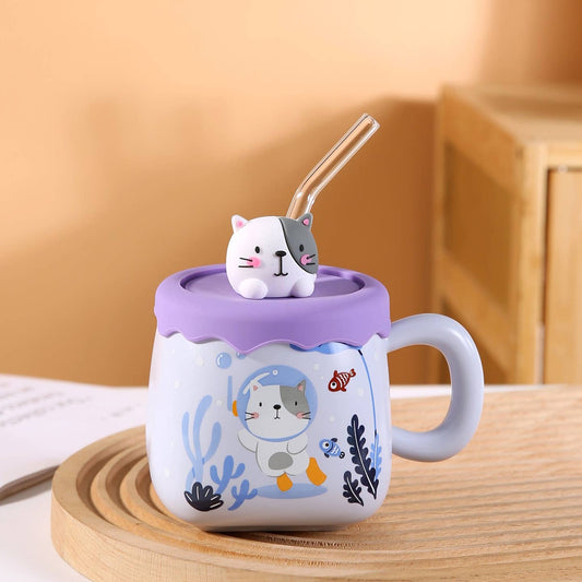 Cat Diving 13oz Mug with Lid and Straw